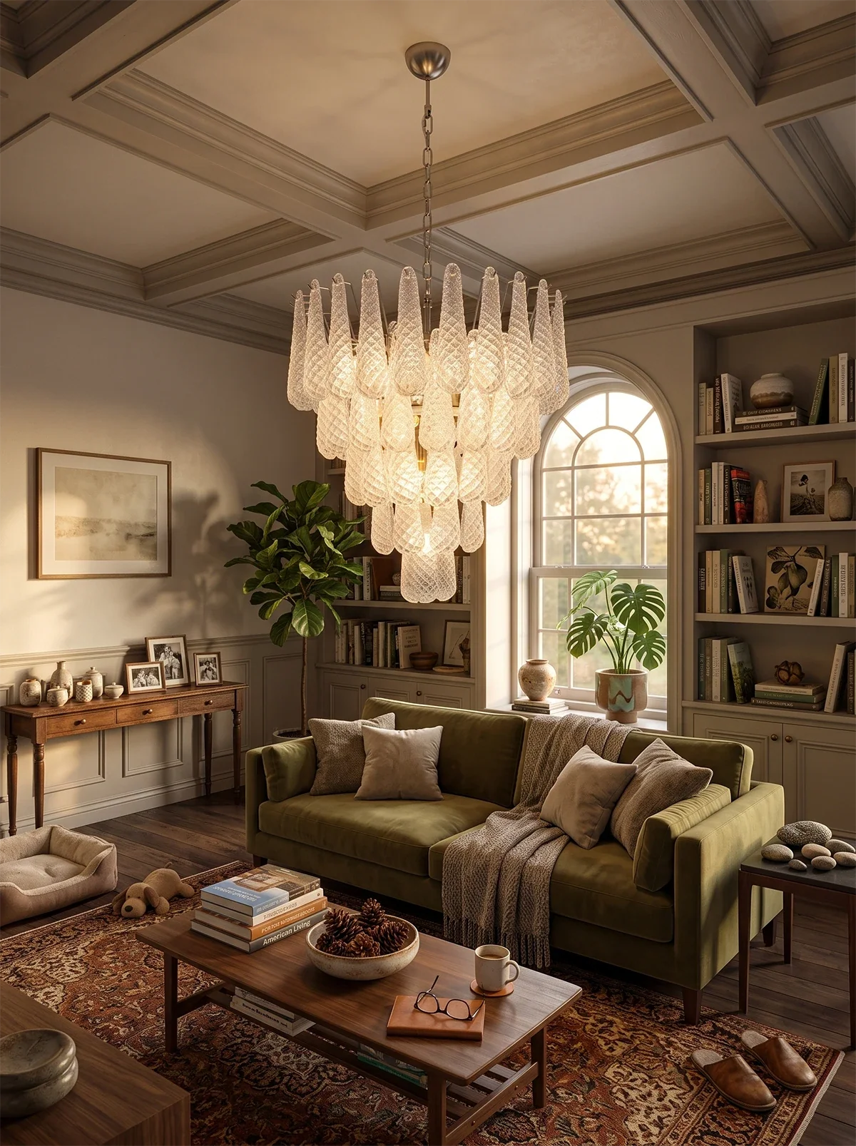 Hand blown glass petal chandelier above a green velvet sofa