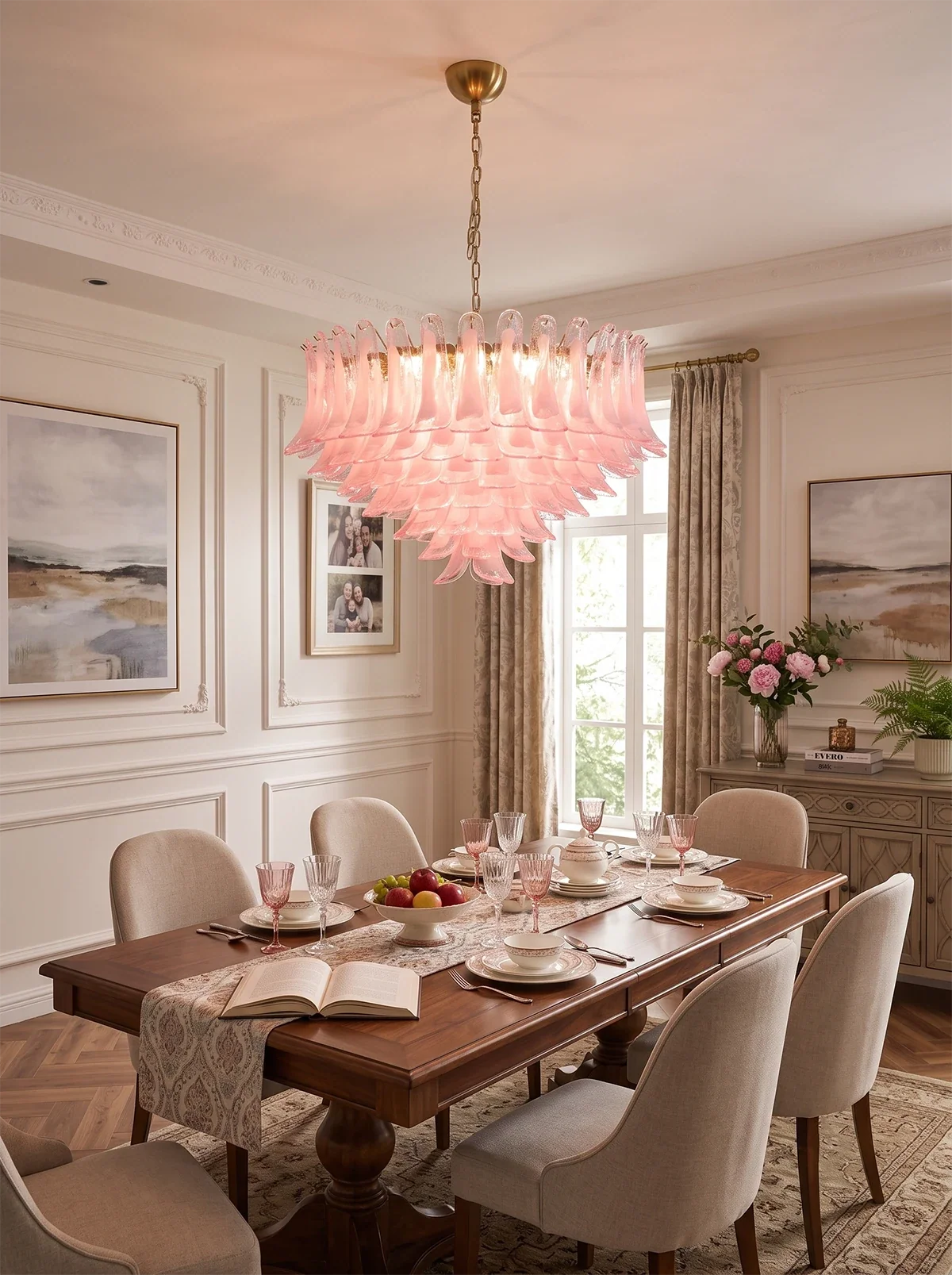 Blush glass petal chandelier in a modern dining room