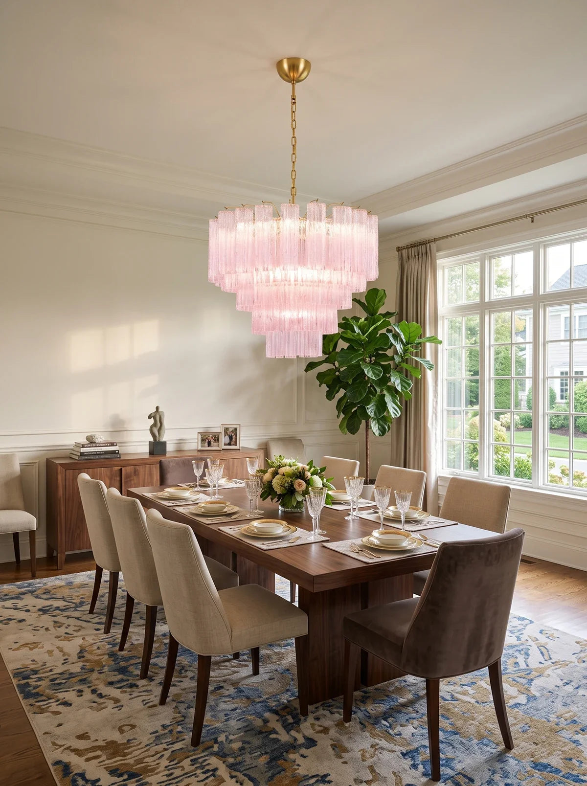 Pink glass tiered chandelier above a long dining table
