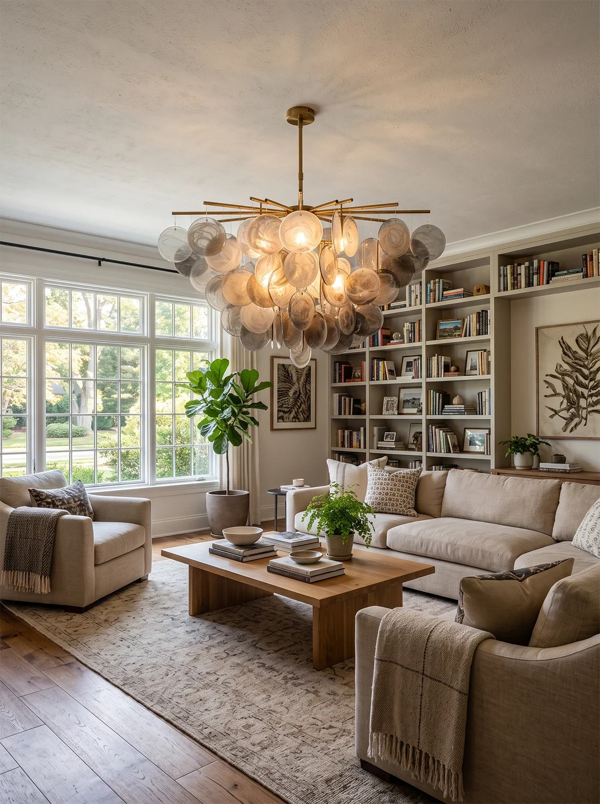 Smoked glass disc chandelier in a warm living room