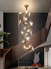 Bird Glass Tree Branch Long Staircase Chandelier