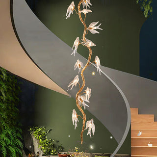 Bird Glass Tree Branch Long Staircase Chandelier