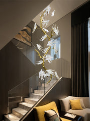 Bird Glass Tree Branch Long Staircase Chandelier