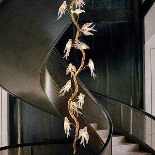 Bird Glass Tree Branch Long Staircase Chandelier