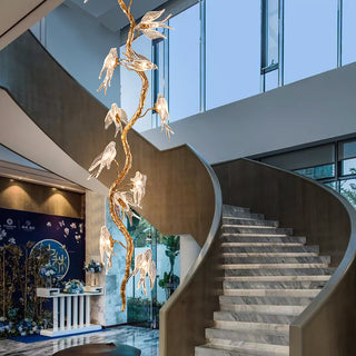 Bird Glass Tree Branch Long Staircase Chandelier