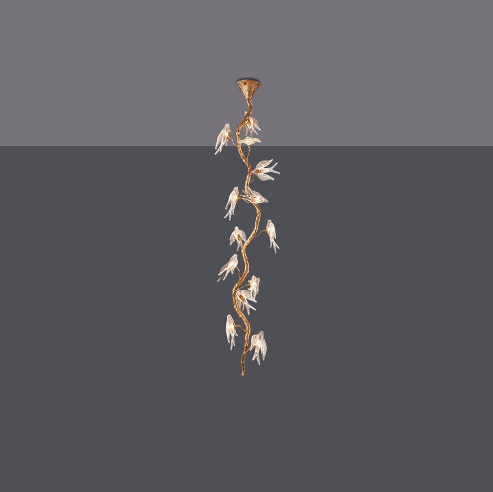 Bird Glass Tree Branch Long Staircase Chandelier