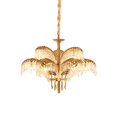 Brass Palm Leaf Crystal Chandelier