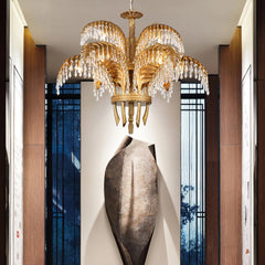 Brass Palm Leaf Crystal Chandelier