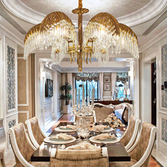 Brass Palm Leaf Crystal Chandelier