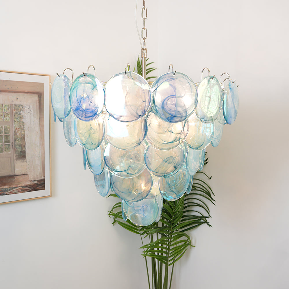 Elegant Blue Murano Iridescent Disc Chandelier