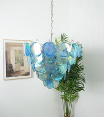 Elegant Blue Murano Iridescent Disc Chandelier