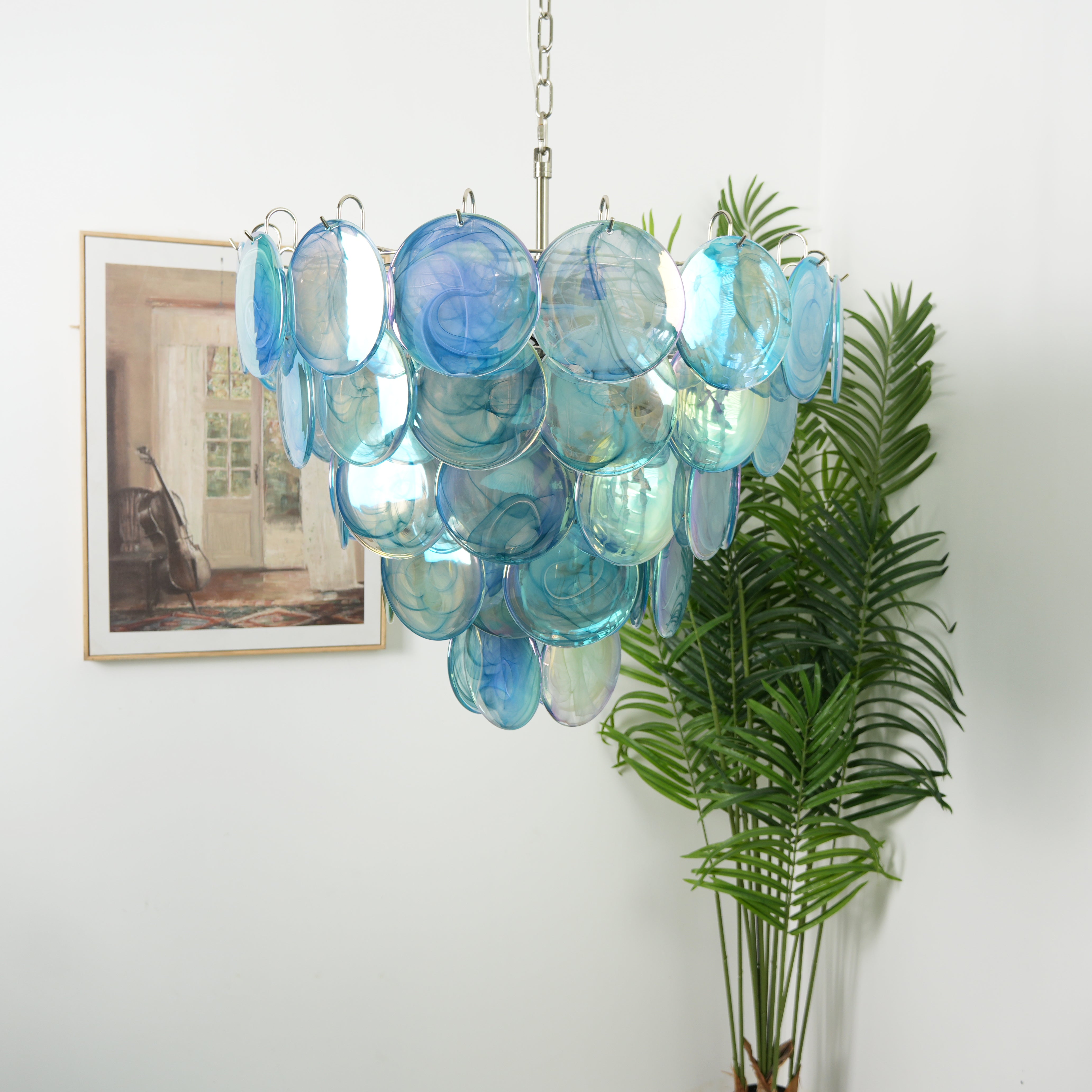 Elegant Blue Murano Iridescent Disc Chandelier