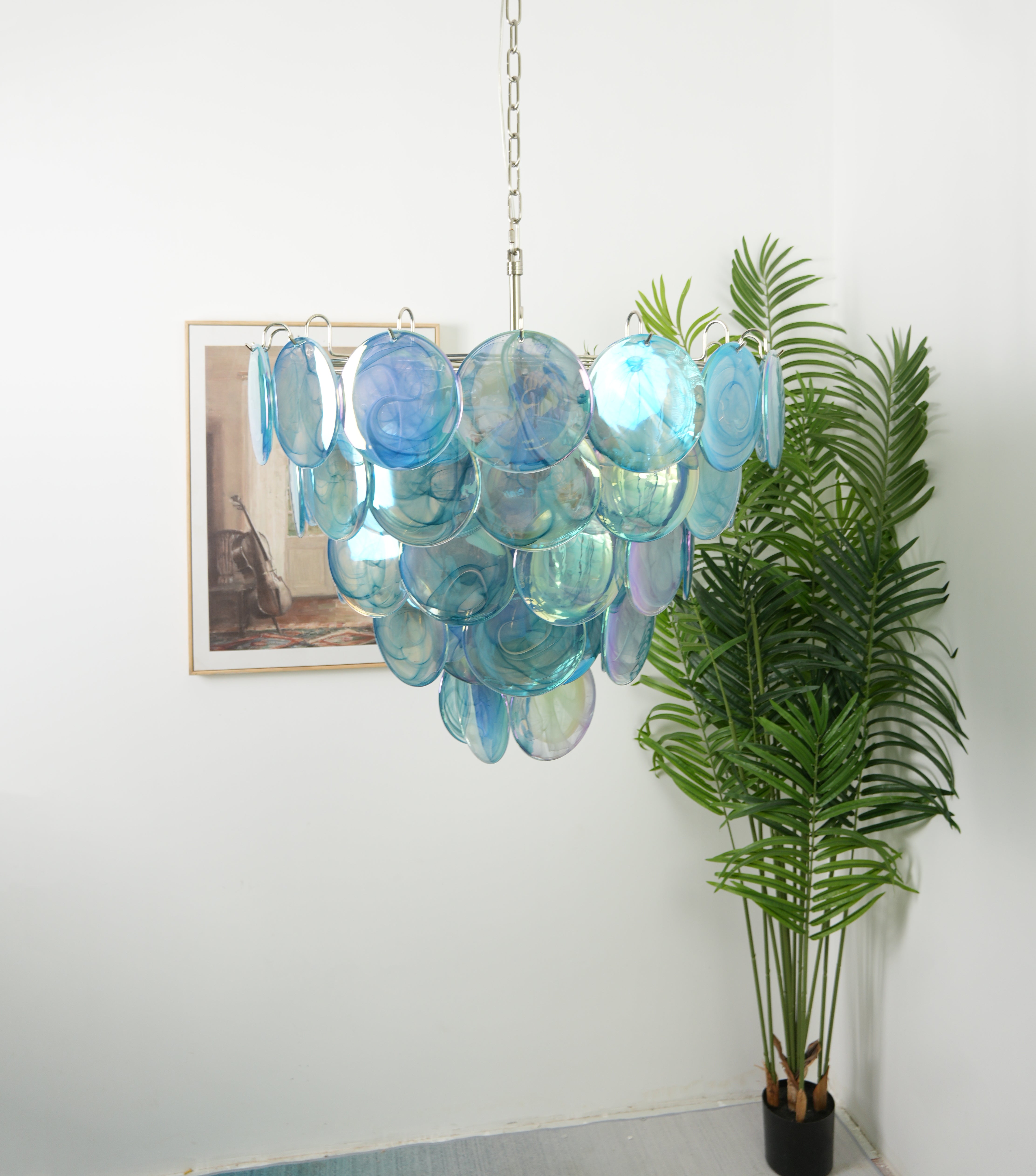 Elegant Blue Murano Iridescent Disc Chandelier