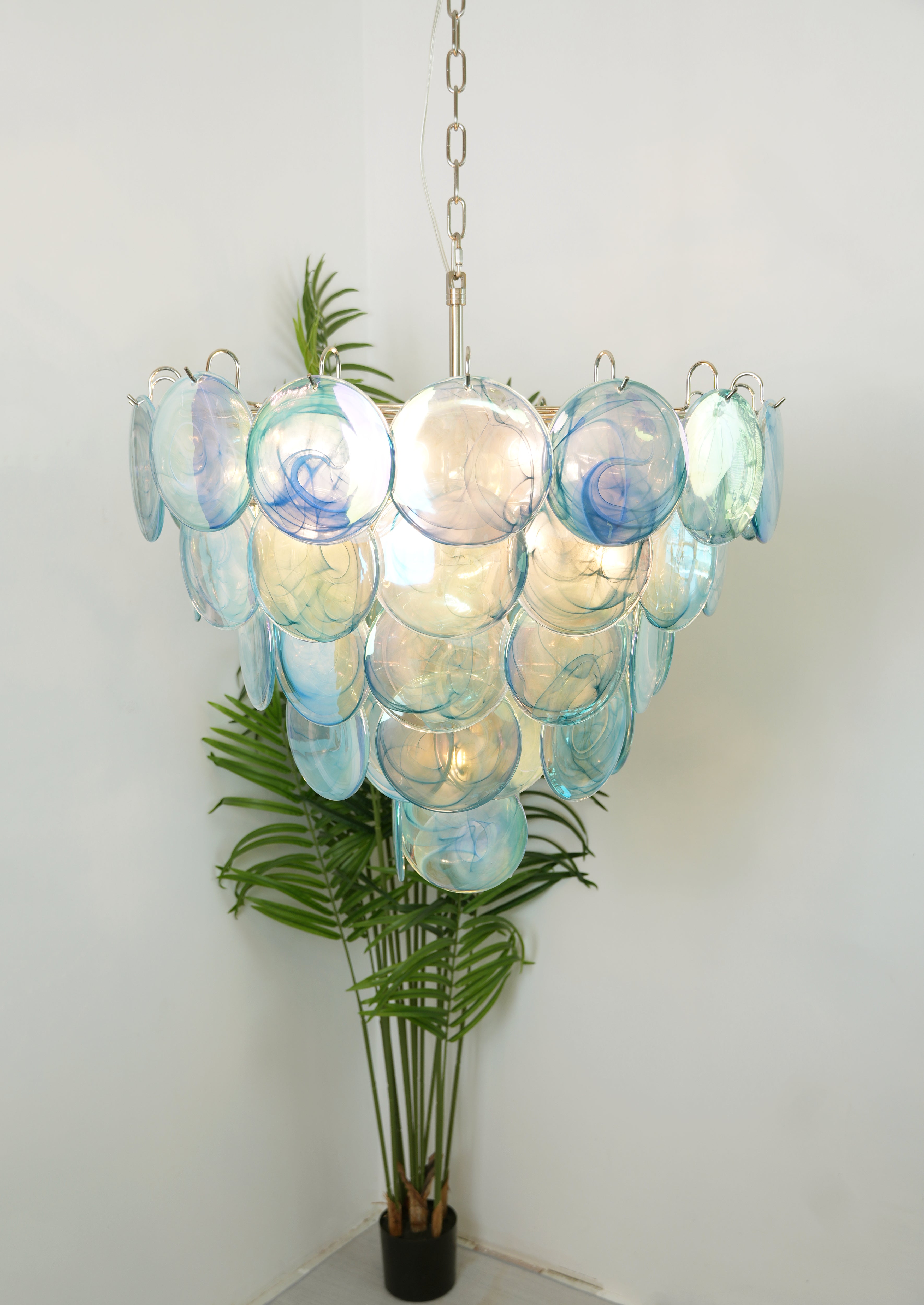 Elegant Blue Murano Iridescent Disc Chandelier