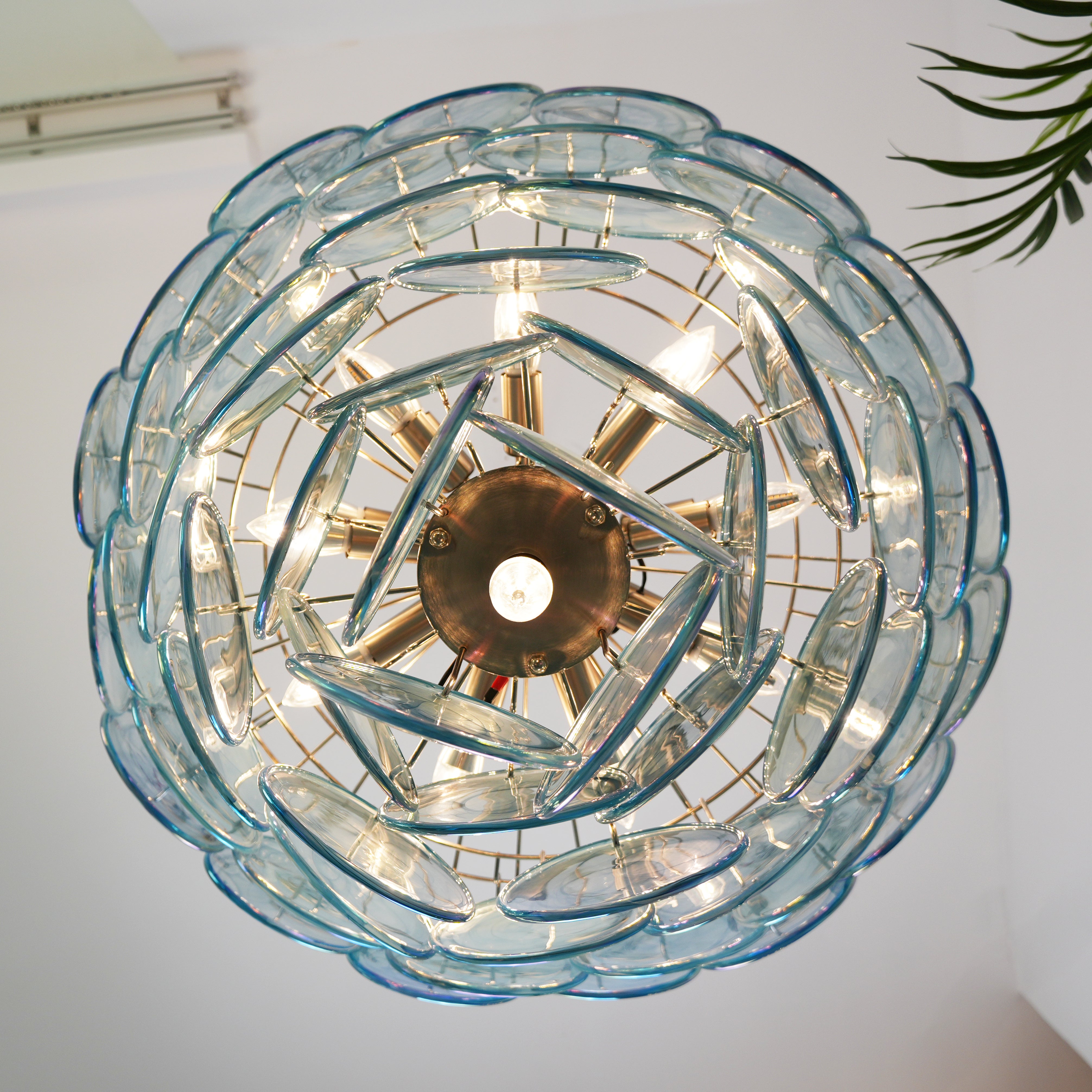 Elegant Blue Murano Iridescent Disc Chandelier