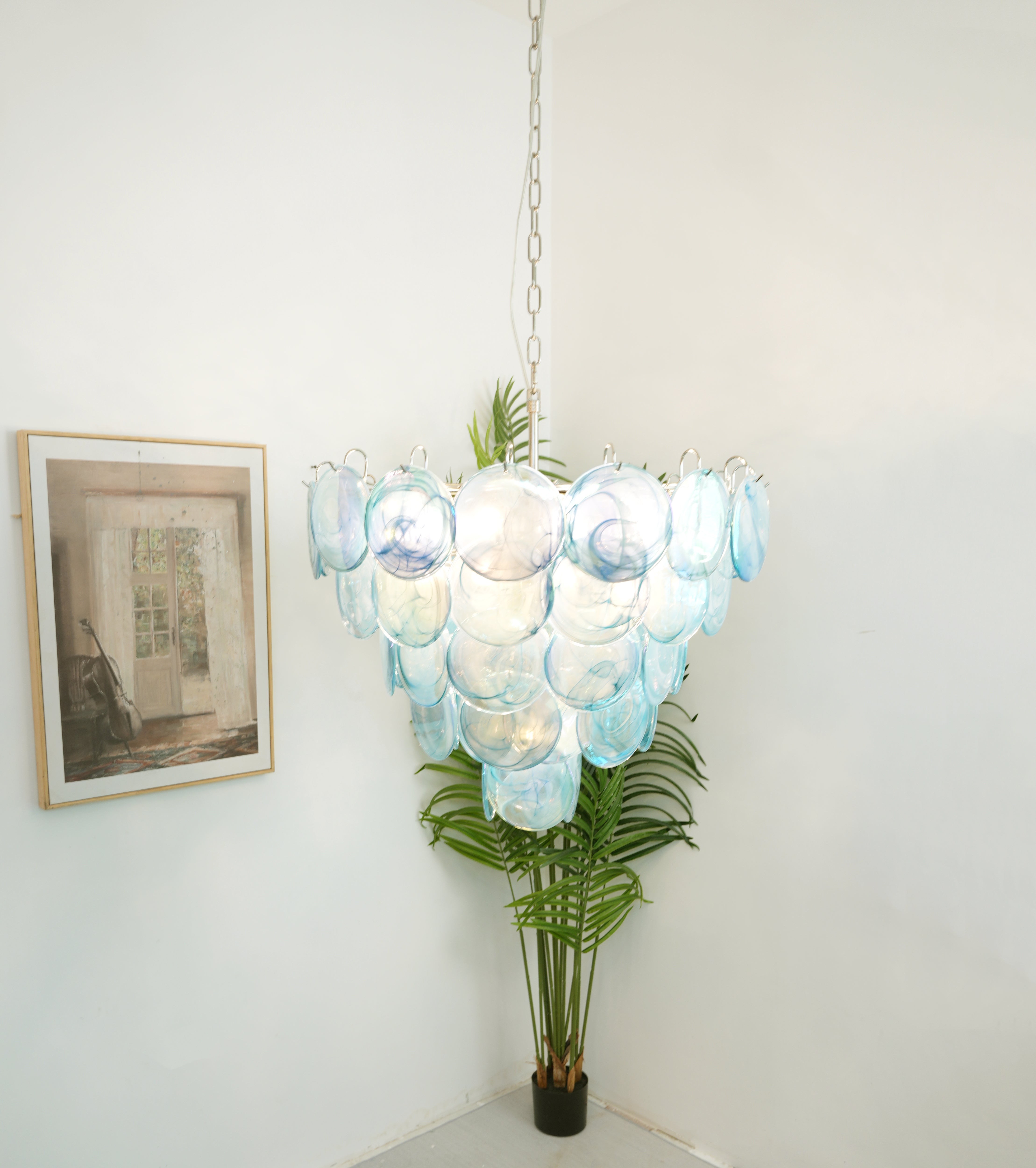 Elegant Blue Murano Iridescent Disc Chandelier