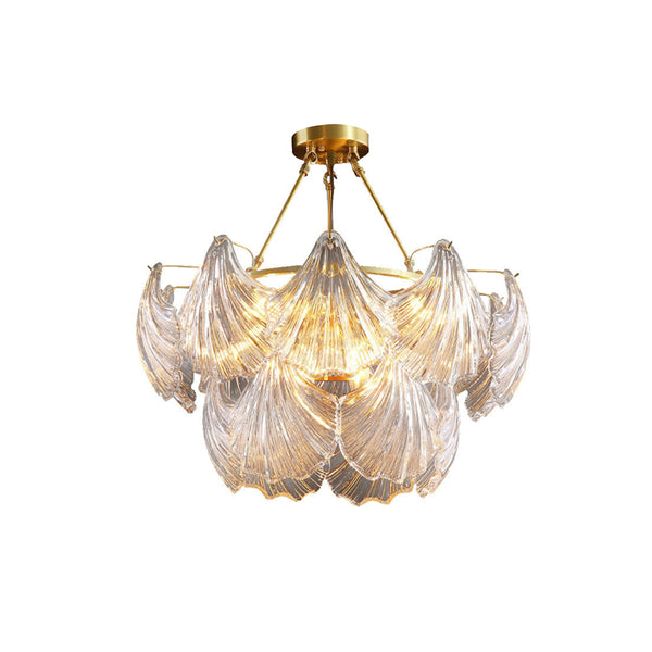 Ribbed Glass Shell Brass Chandelier