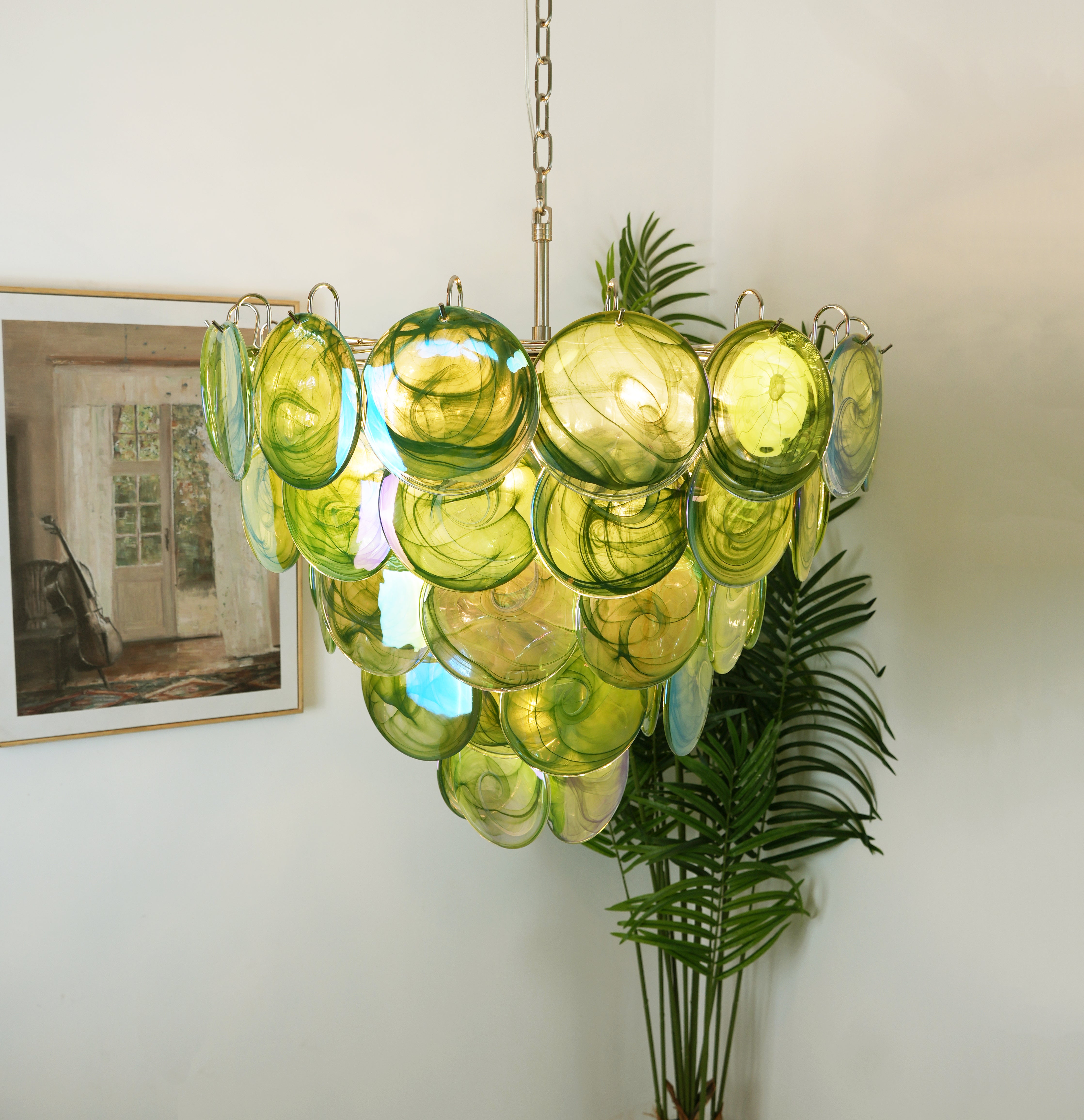 Elegant Green Murano Iridescent Disc Chandelier