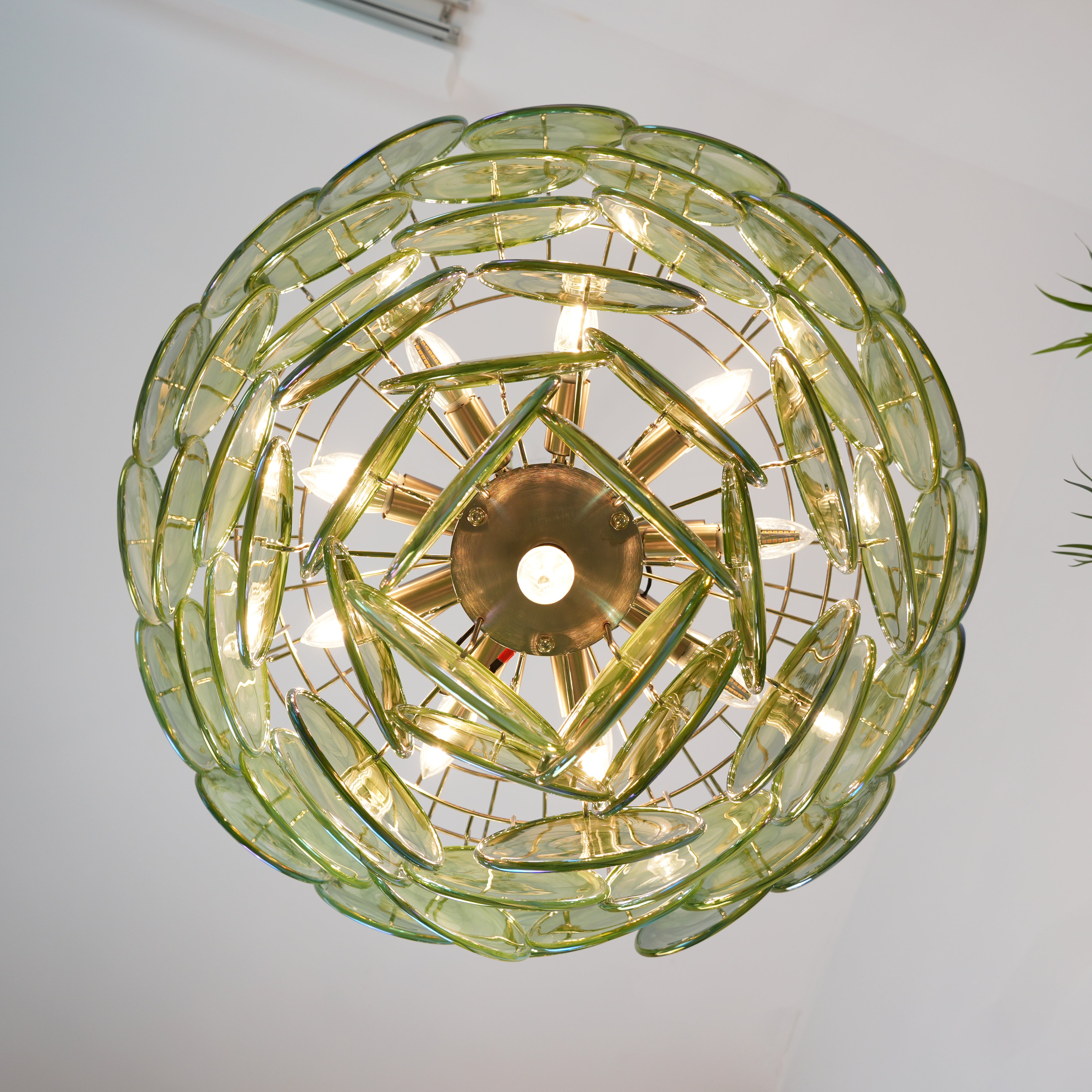 Elegant Green Murano Iridescent Disc Chandelier