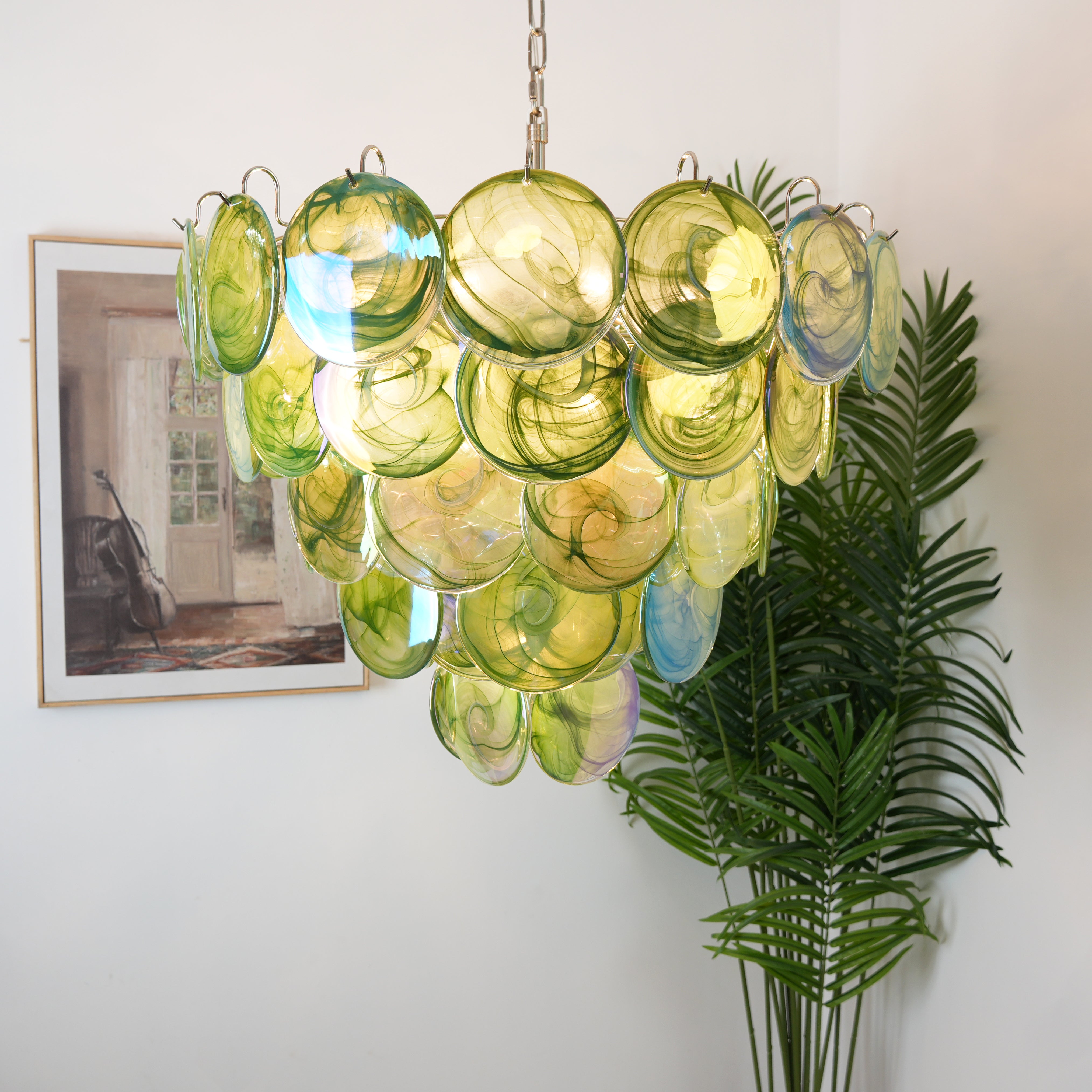 Elegant Green Murano Iridescent Disc Chandelier