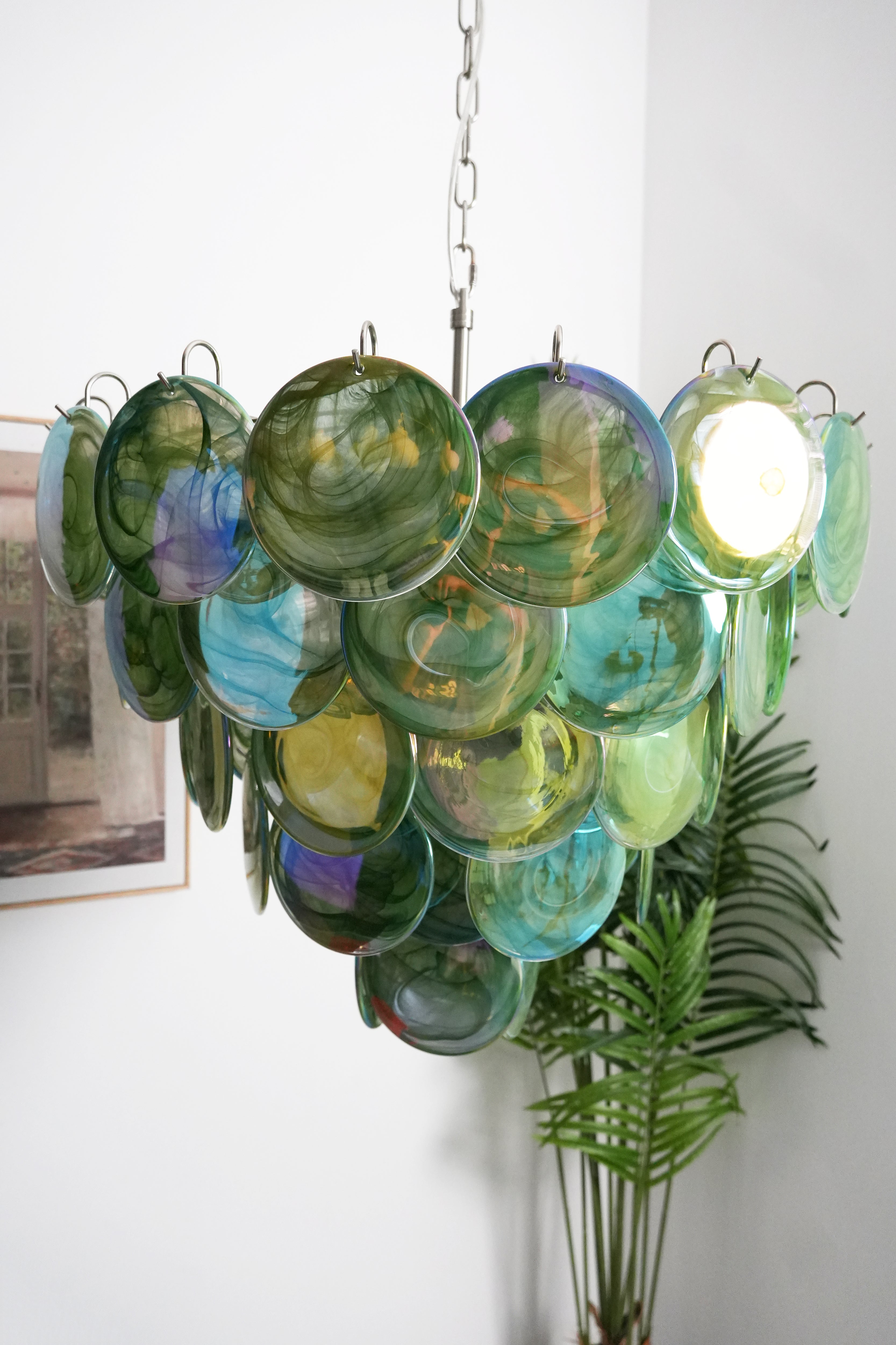 Elegant Green Murano Iridescent Disc Chandelier