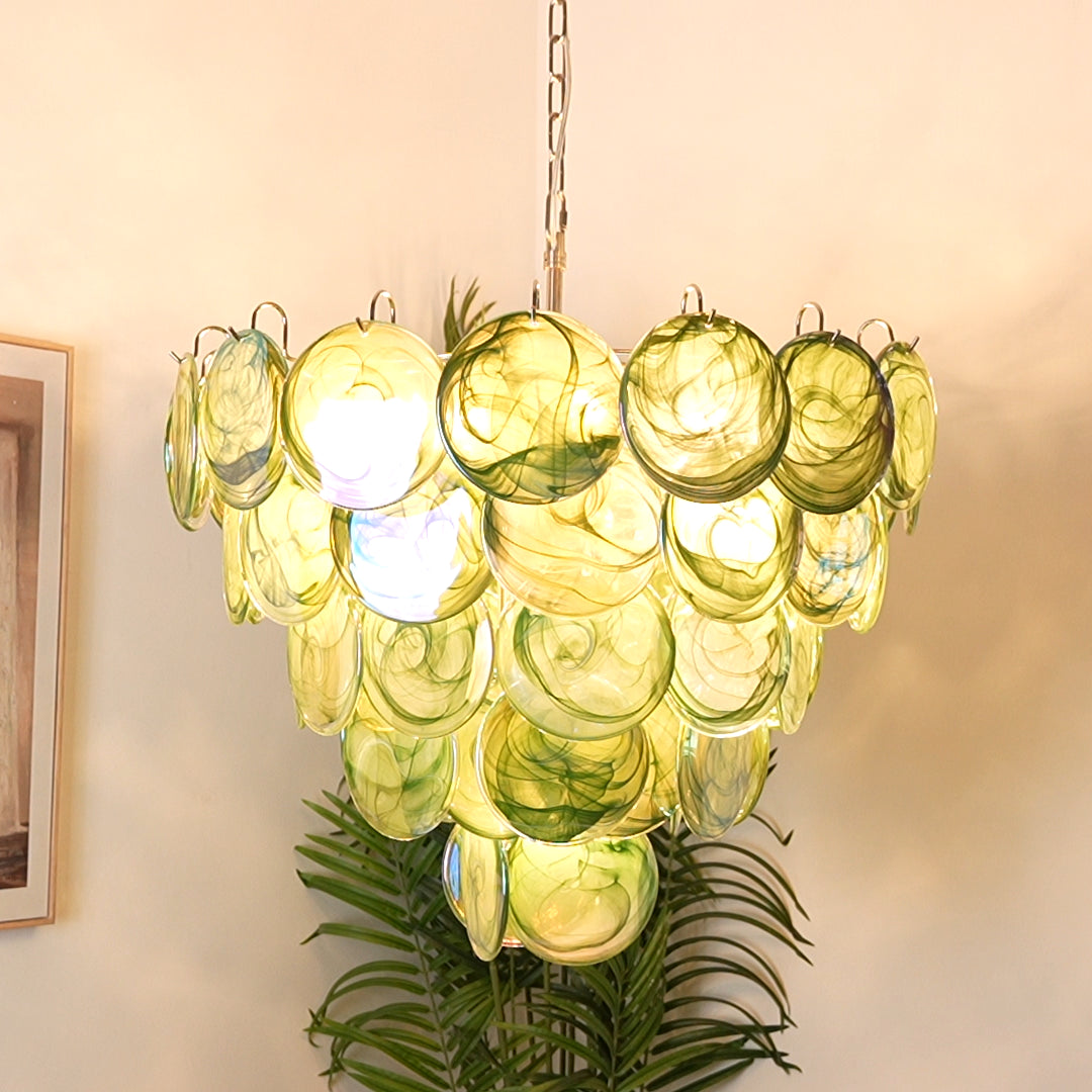 Elegant Green Murano Iridescent Disc Chandelier