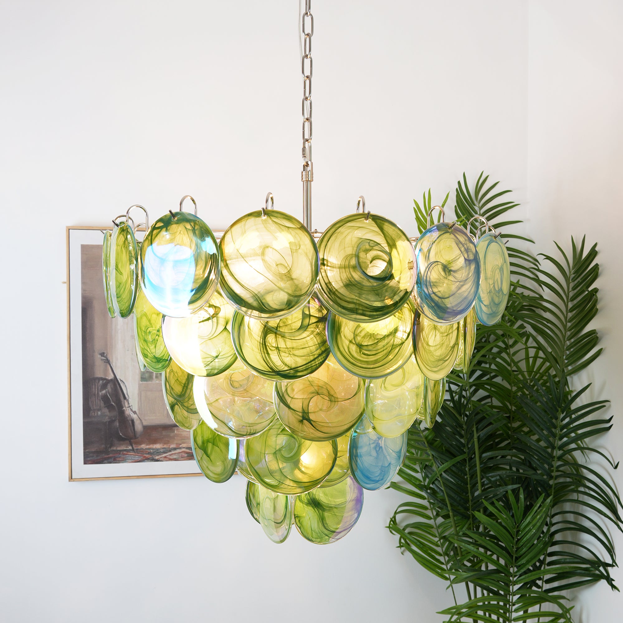 Elegant Green Murano Iridescent Disc Chandelier