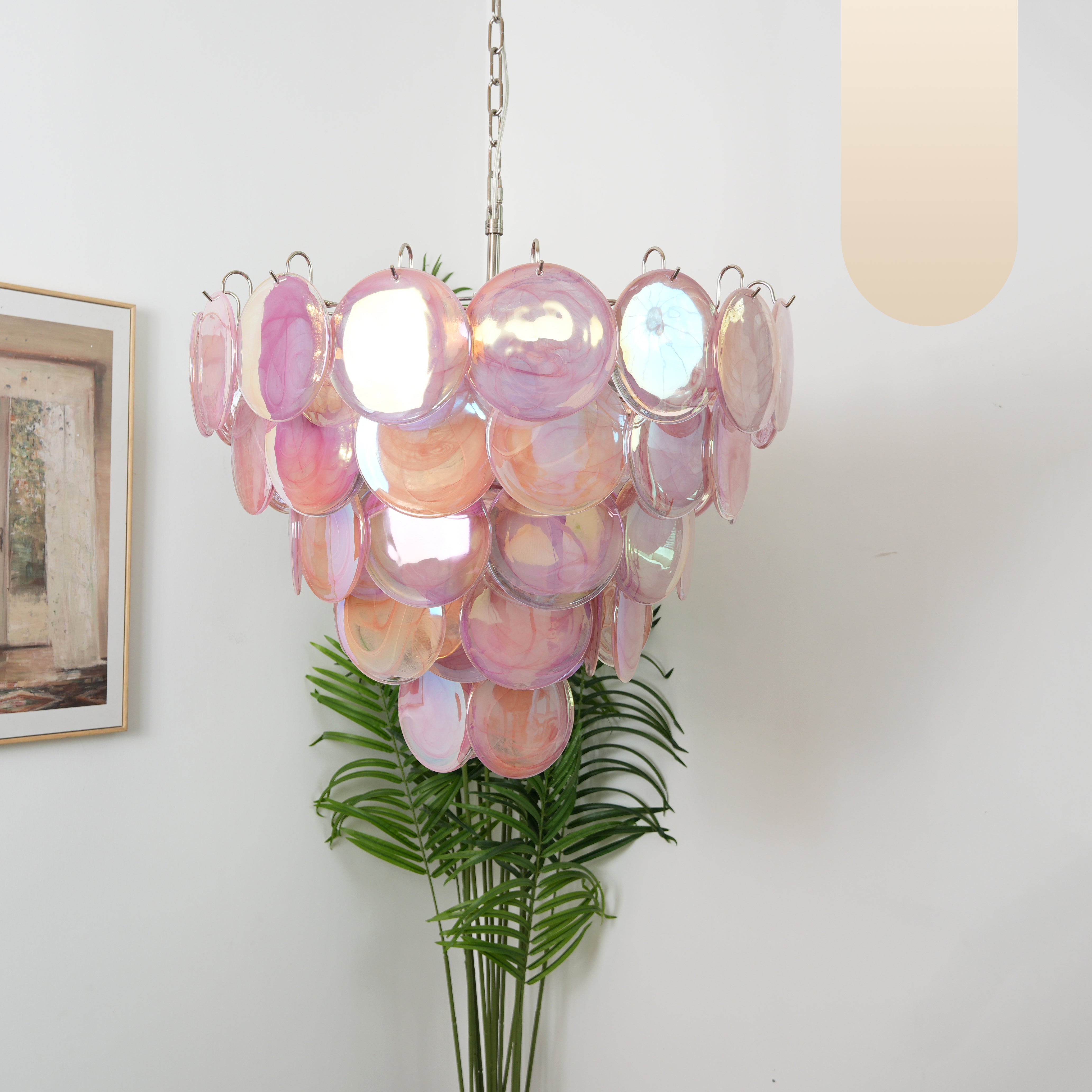 Elegant Pink Murano Iridescent Disc Chandelier