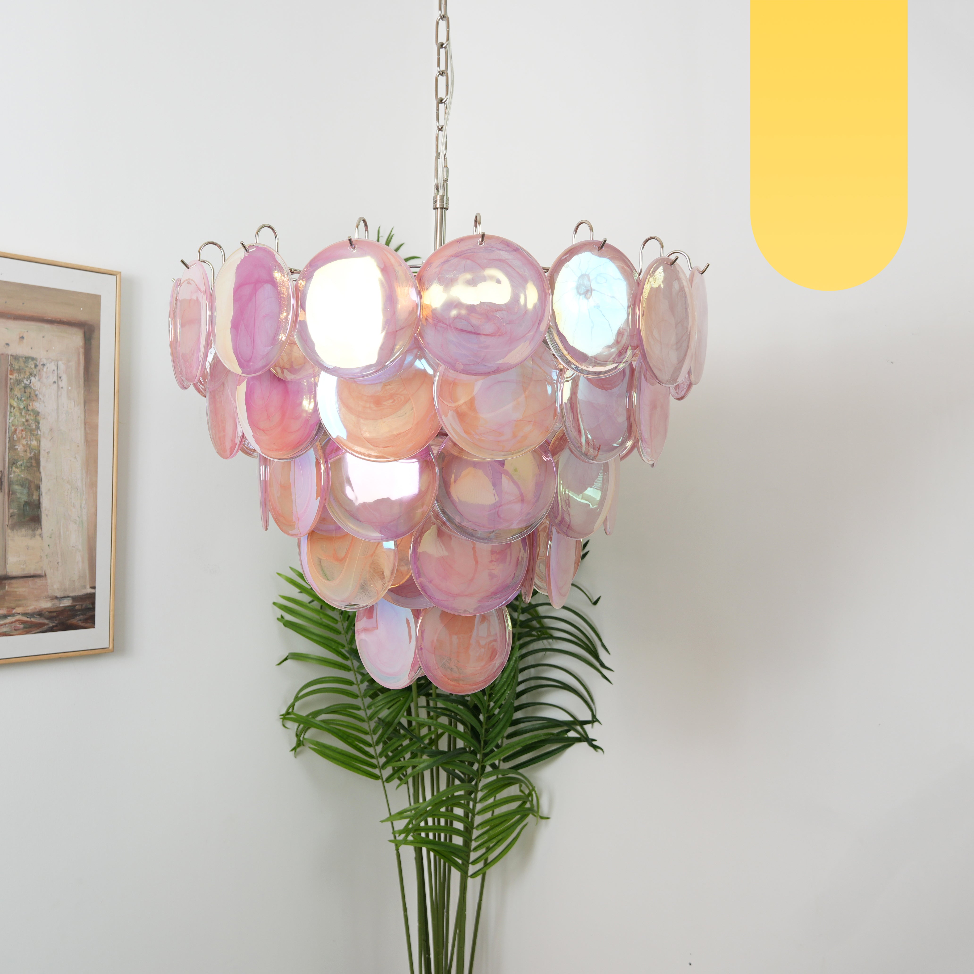 Elegant Pink Murano Iridescent Disc Chandelier