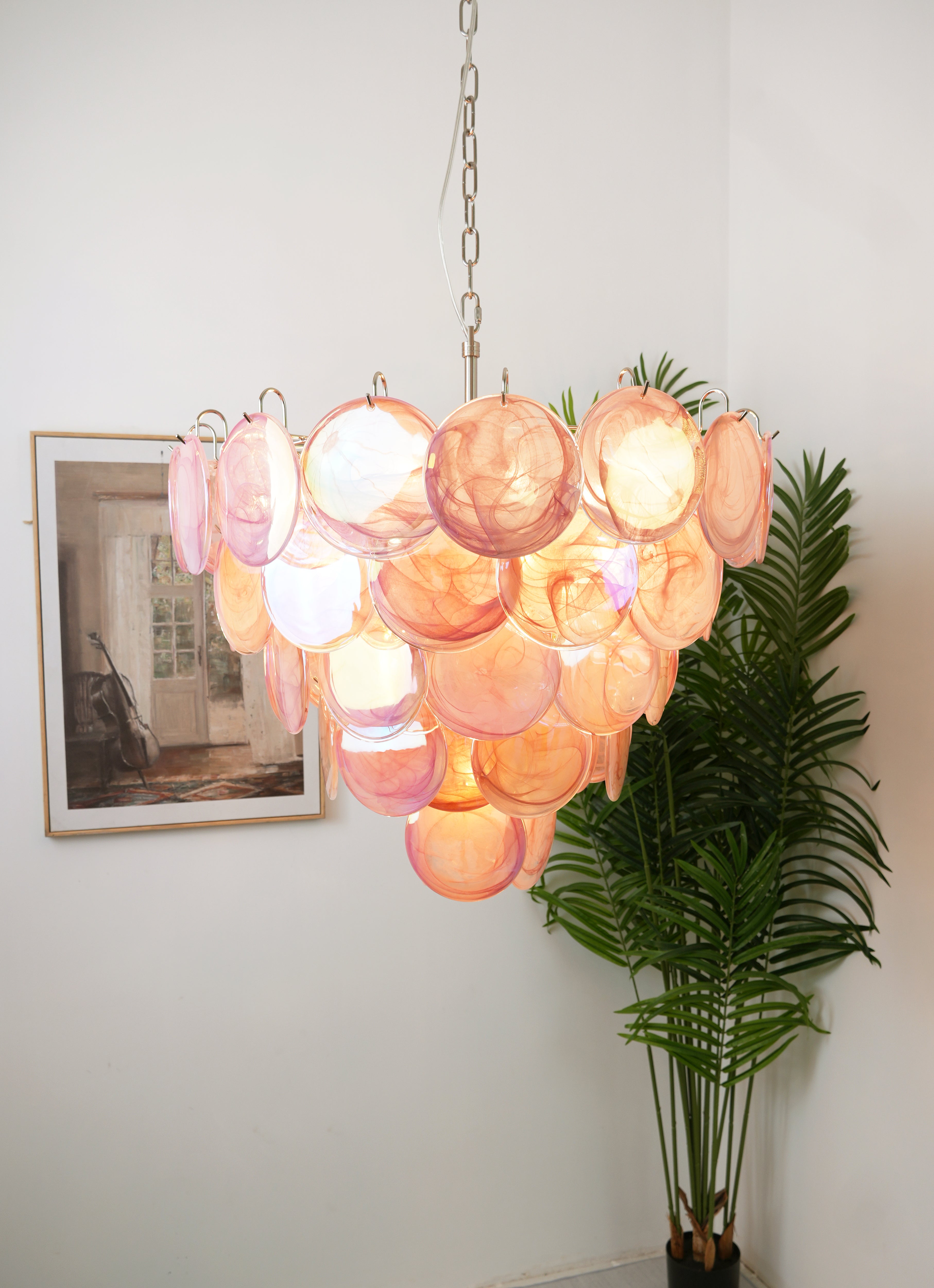 Elegant Pink Murano Iridescent Disc Chandelier