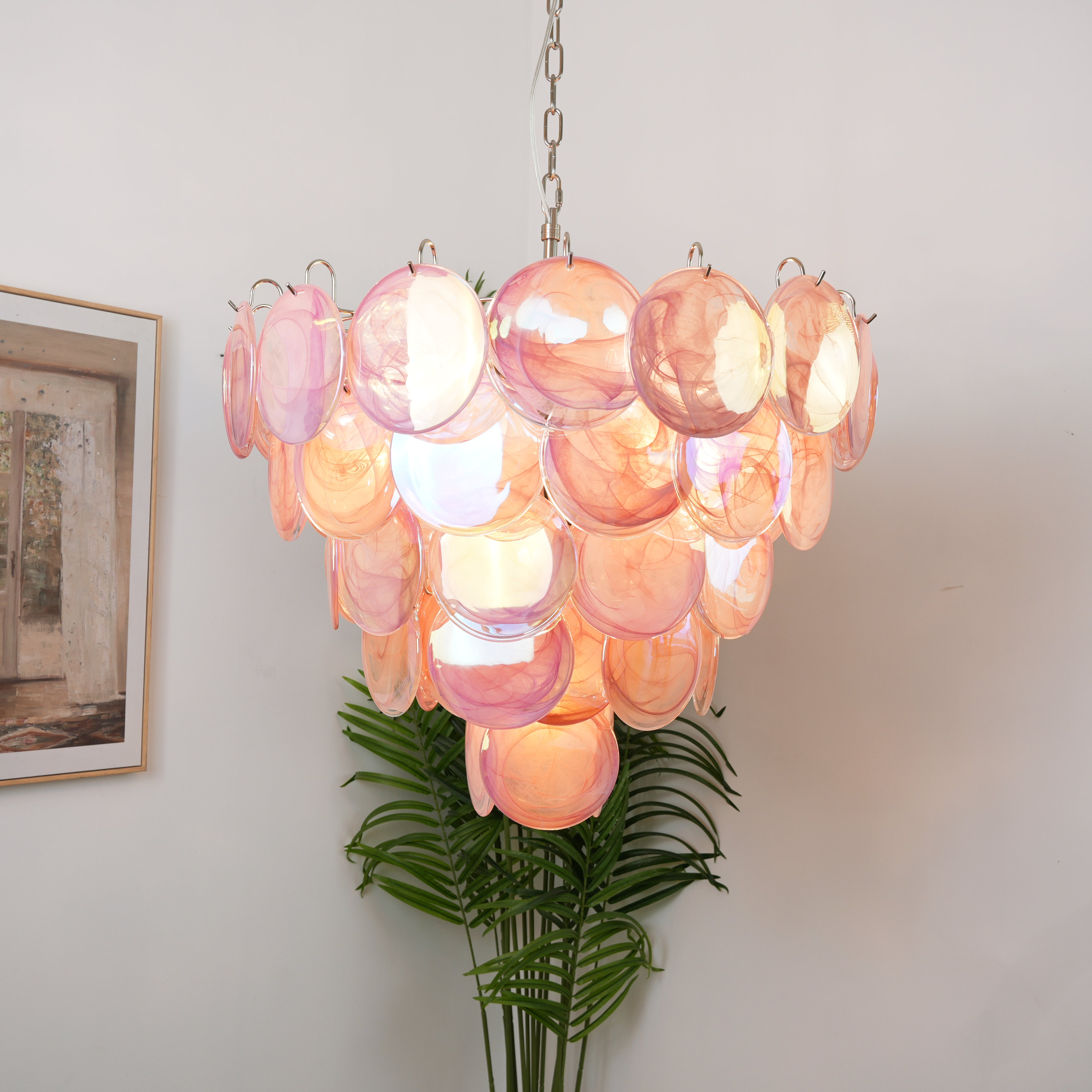 Elegant Pink Murano Iridescent Disc Chandelier