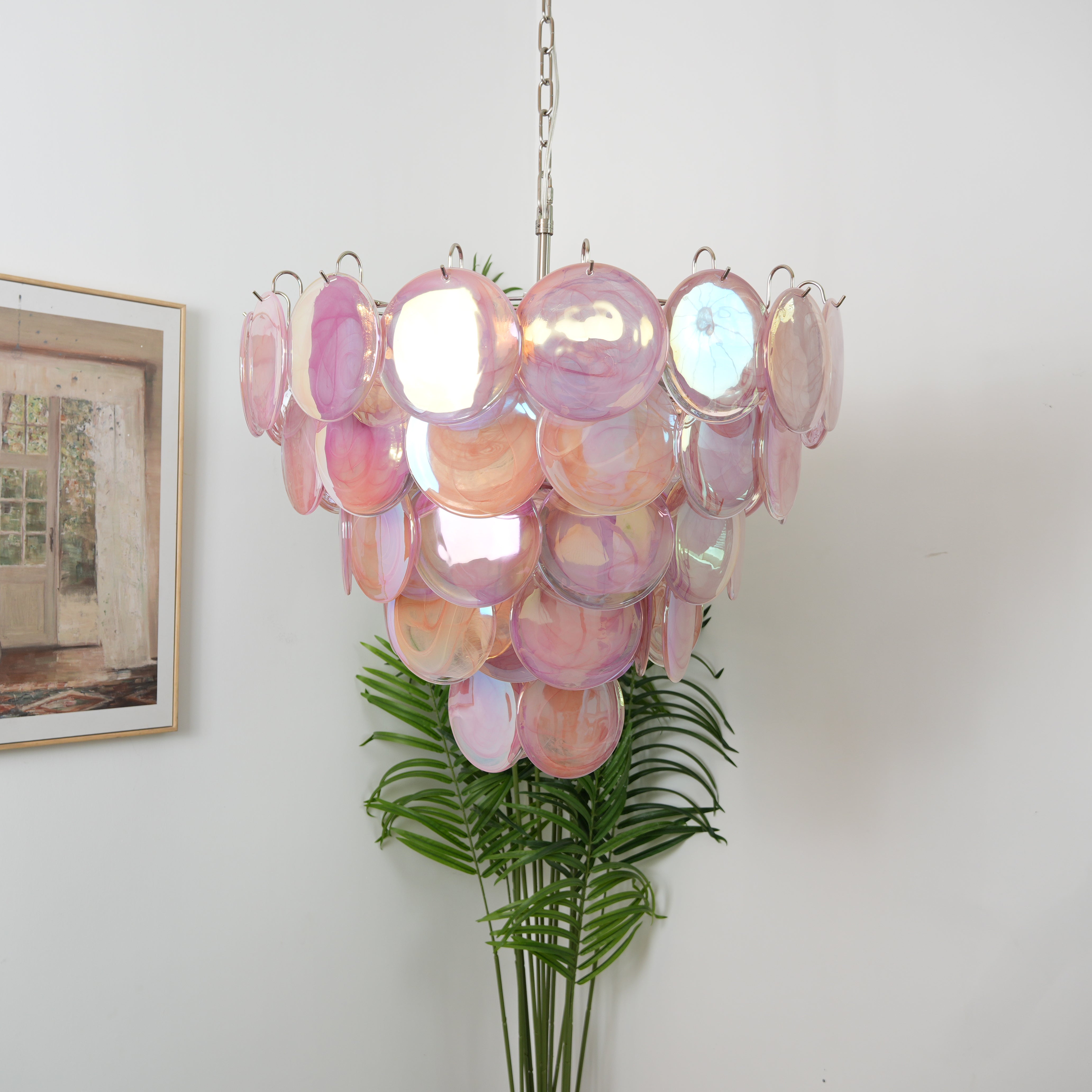 Elegant Pink Murano Iridescent Disc Chandelier