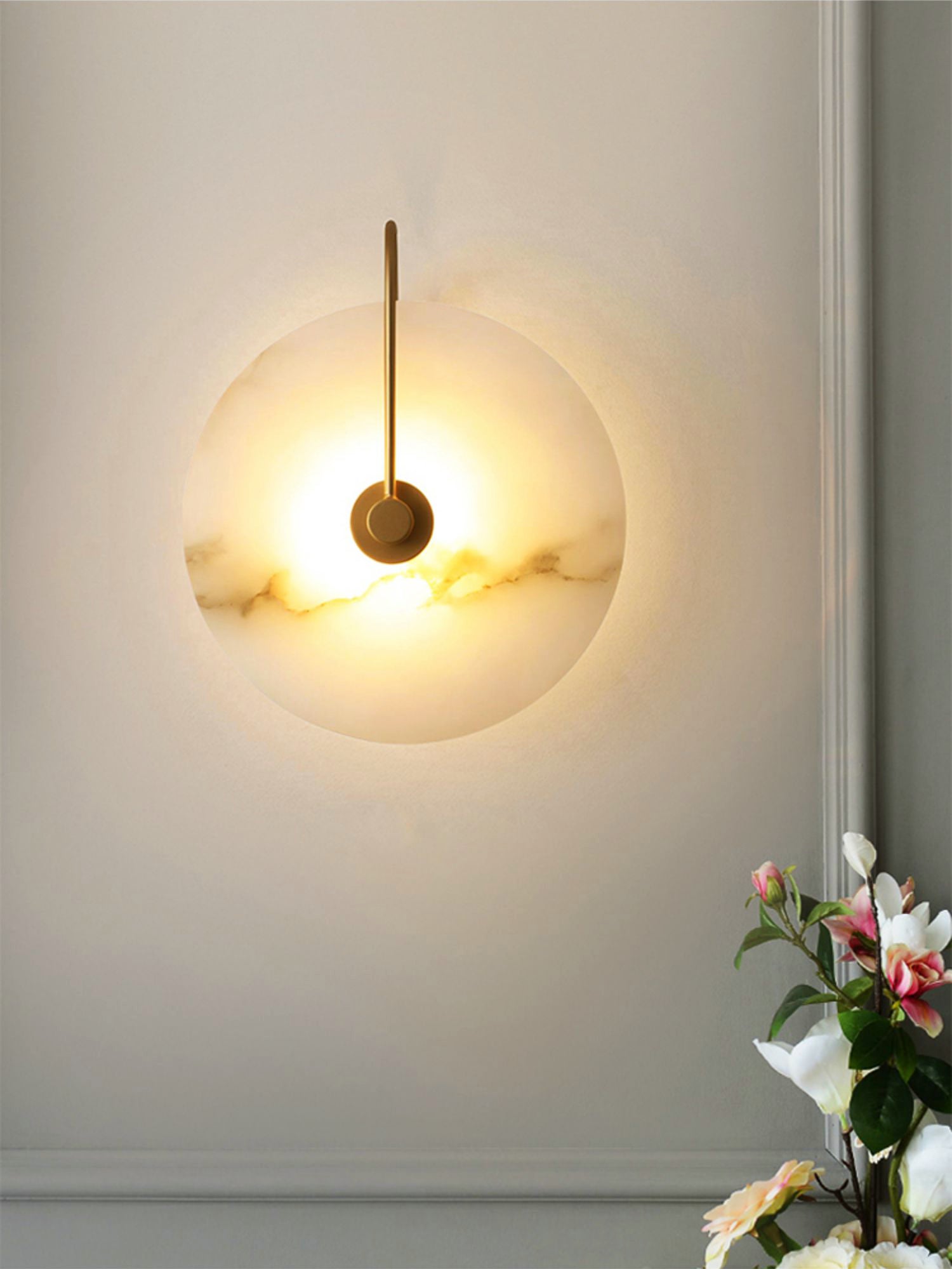 Modern Round White Alabaster Wall Sconce