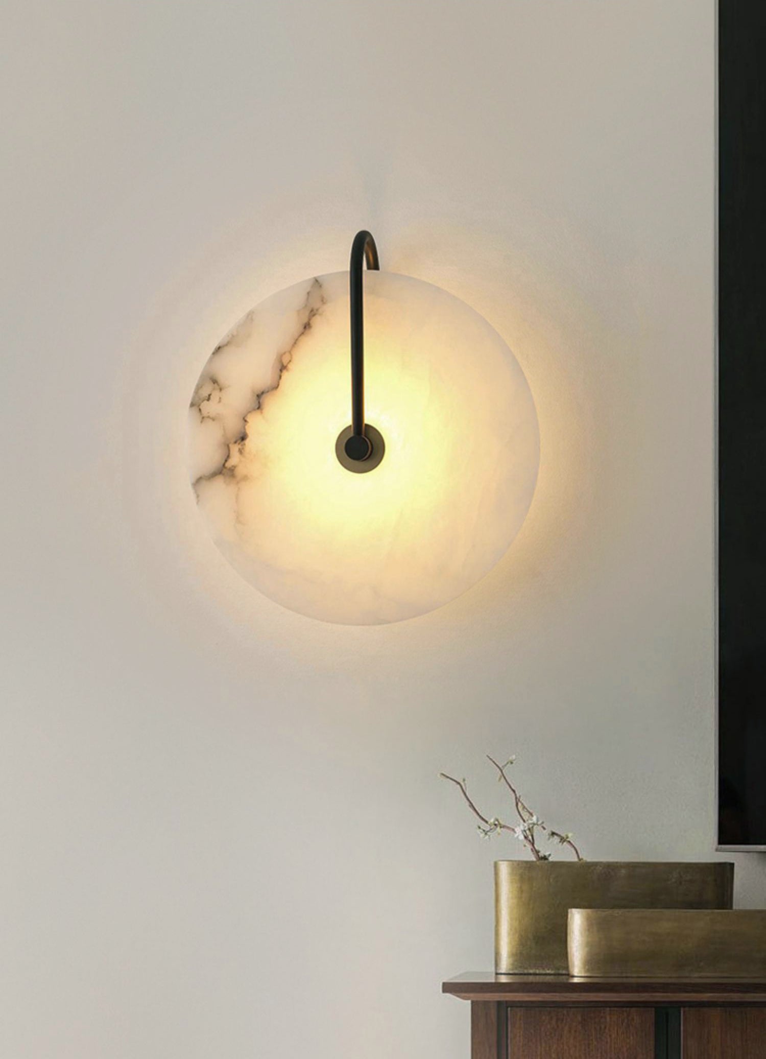 Modern Round White Alabaster Wall Sconce