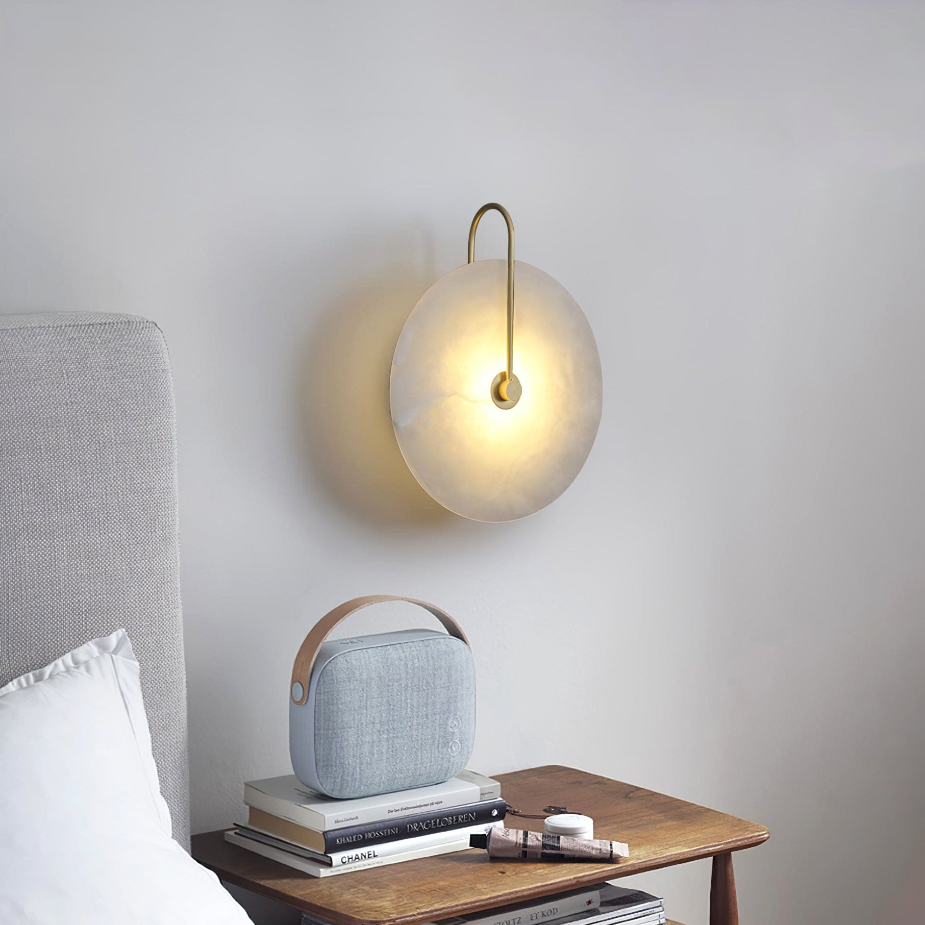 Modern Round White Alabaster Wall Sconce