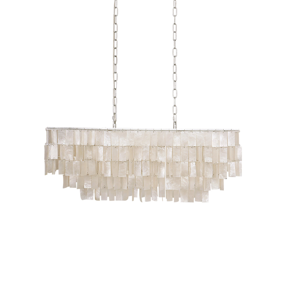 Skye rectangular tiered chandelier with white mother-of-pearl shells on a silver frame.
