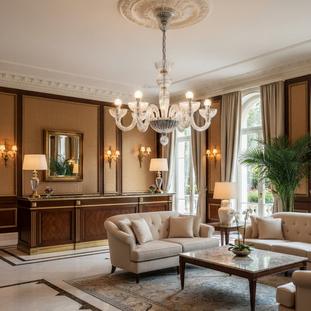 Transparent Ares Murano Glass Chandelier living room installation reference
