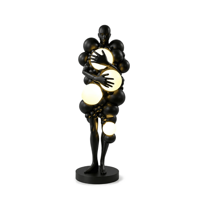 Abbraccio Sculptural Floor Lamp Korewolamp Master Hero Cutout Fully Lit Sculptural Human Figure Lamp with Glowing Orbs on White Background