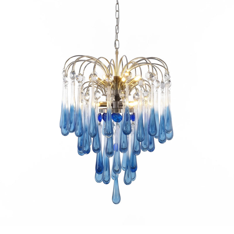 Master Listing Hero Cutout Image of Illuminated Blue Glass Teardrop Waterfall Chandelier Korewolamp Isolated on Pure White Background