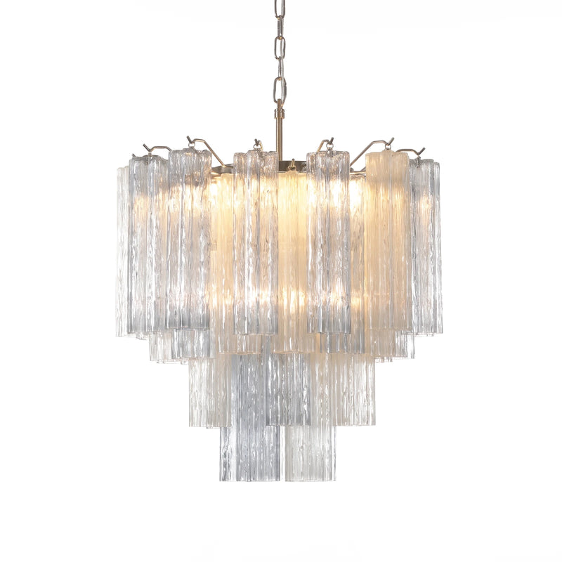 Lago Tronchi Glass Tube Chandelier Korewolamp Master Listing Hero Cutout View Showing Illuminated Clear Textured Ice Glass Chandelier on Pure White Background