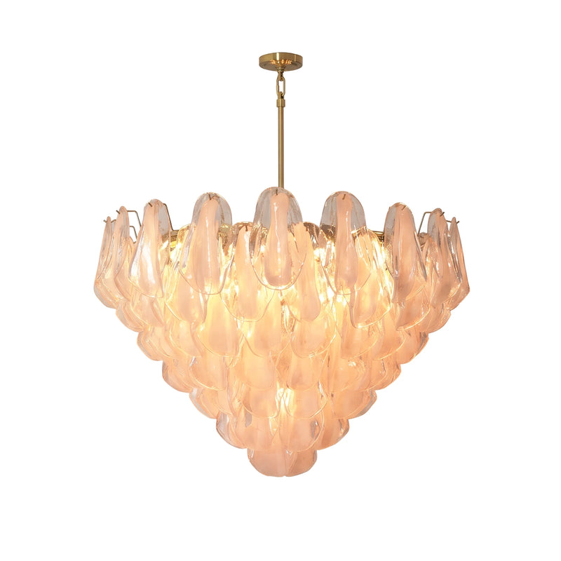 Peonia Petal Glass Multi-Layered Chandelier Korewolamp Master Hero Cutout View of Fully Illuminated Tiered Peony Glass Chandelier Isolated on White