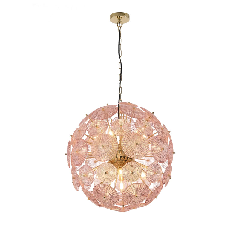 Rosa Dandelion Pink Glass Sputnik Chandelier Korewolamp eCommerce Hero Product Shot of Pink Glass Petal Sphere Pendant Isolated on White