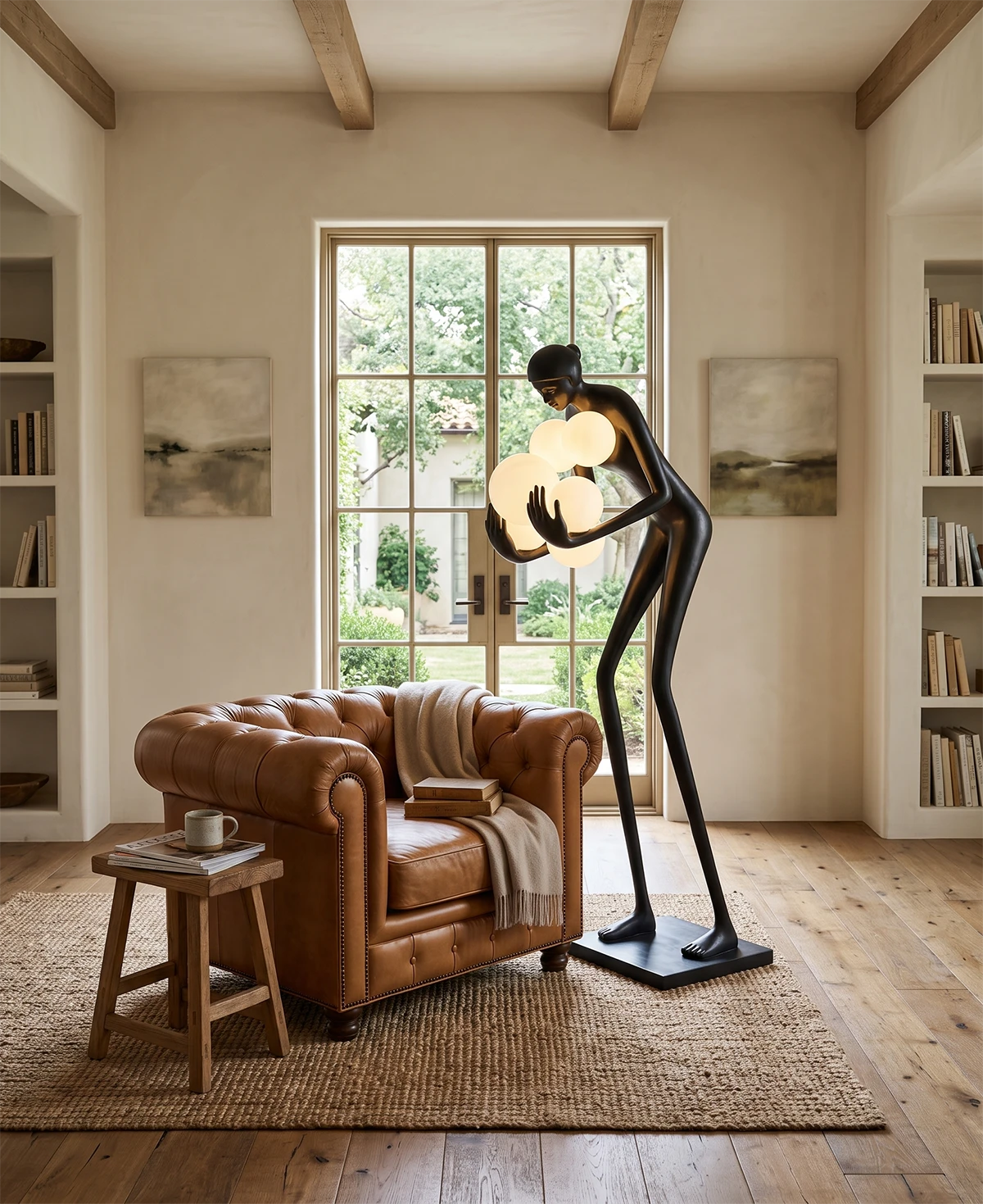 Black sculptural figure floor lamp beside a leather armchair