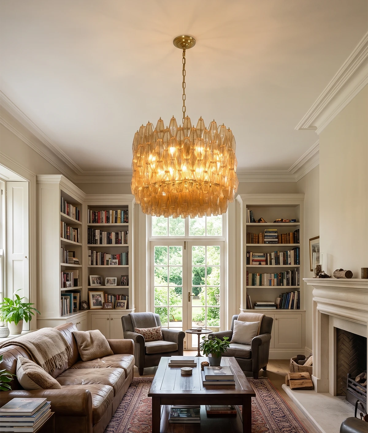 Amber art glass tiered chandelier above a library seating area