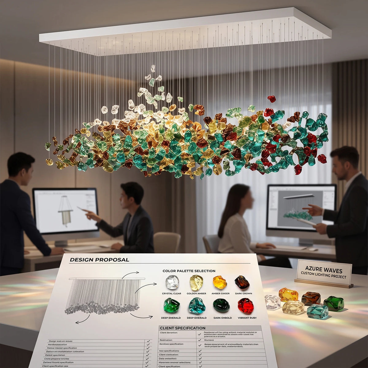 Custom art glass wave chandelier designed for a specific interior